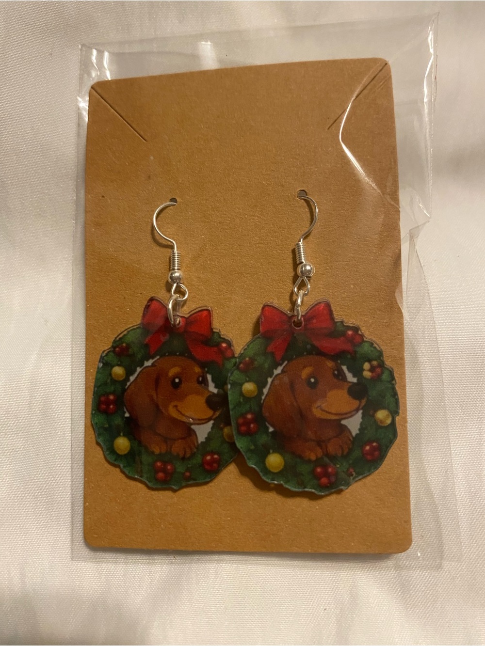 Hand Crafted Dachshund Wreath Earrings - Green & Red